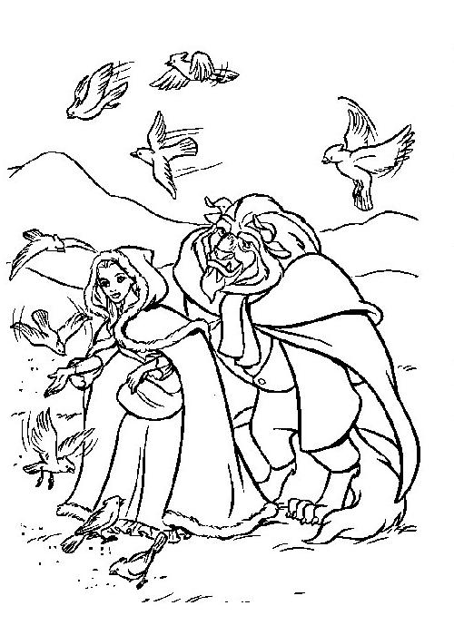 coloriage la belle et la bete nourrissent les oiseaux